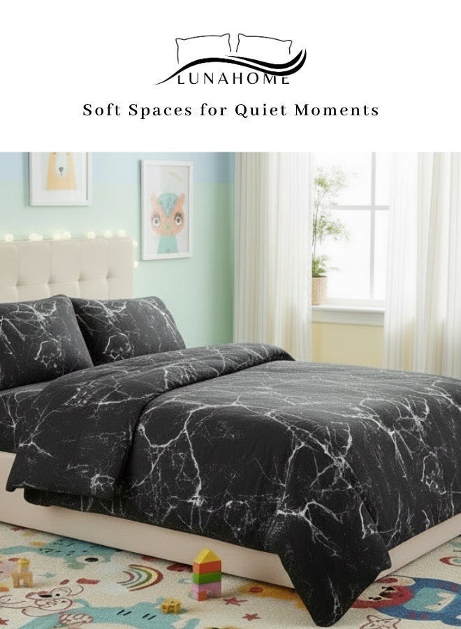 LUNA Home 4 Piece Single Size 1 Duvet cover - 160*210cm. 1 Fitted sheet - 100*200+30cm. 2 Pillow covers - 50*75cm.. Duvet Cover Set Marble Design. - Image 1